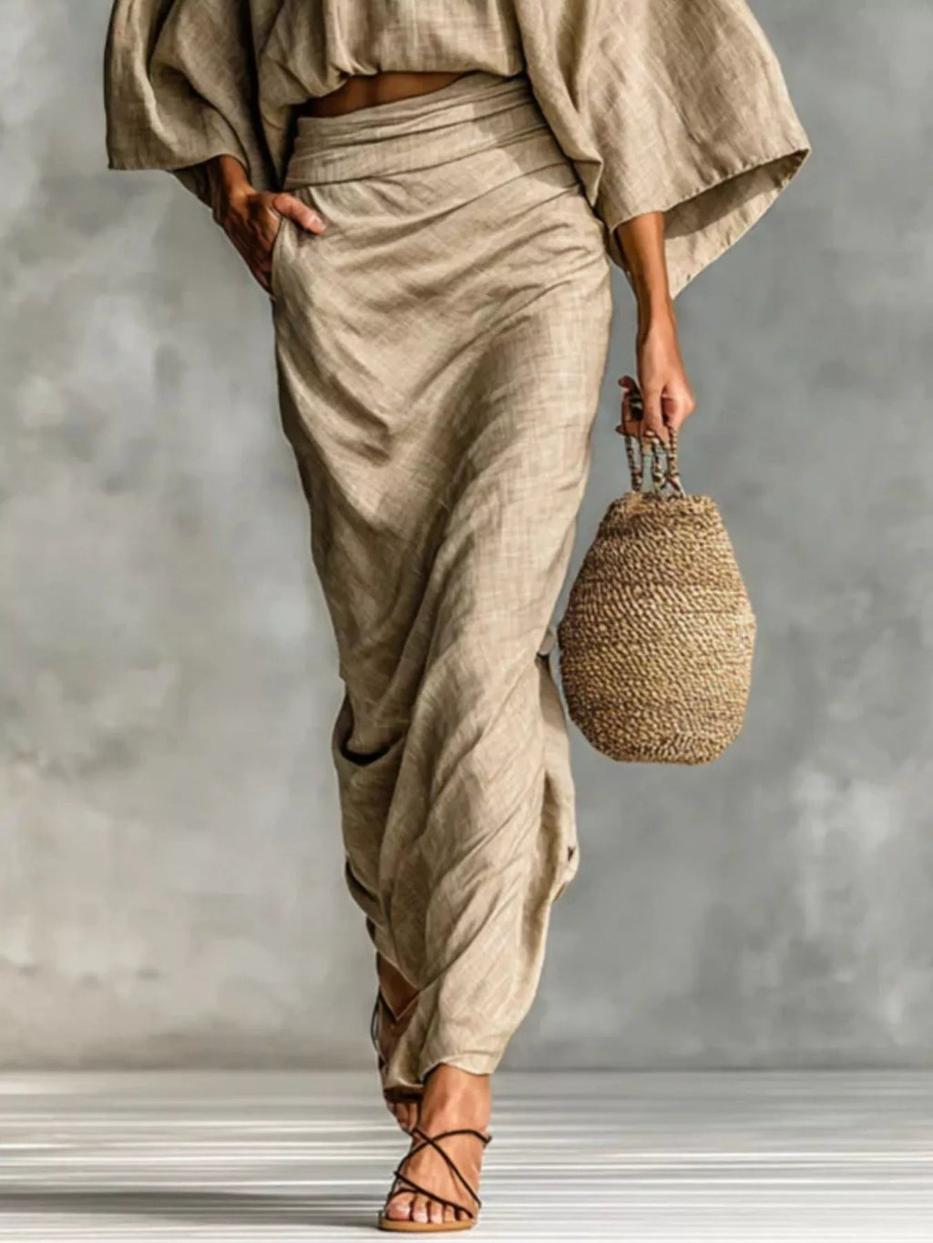 Full Size Kimono Sleeve Top and Ruched Skirt Set Plus Size