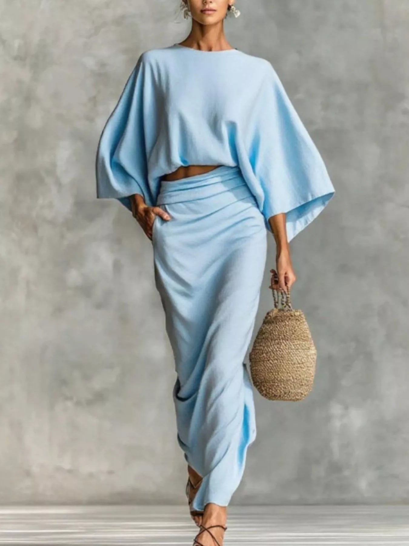 Full Size Kimono Sleeve Top and Ruched Skirt Set Plus Size
