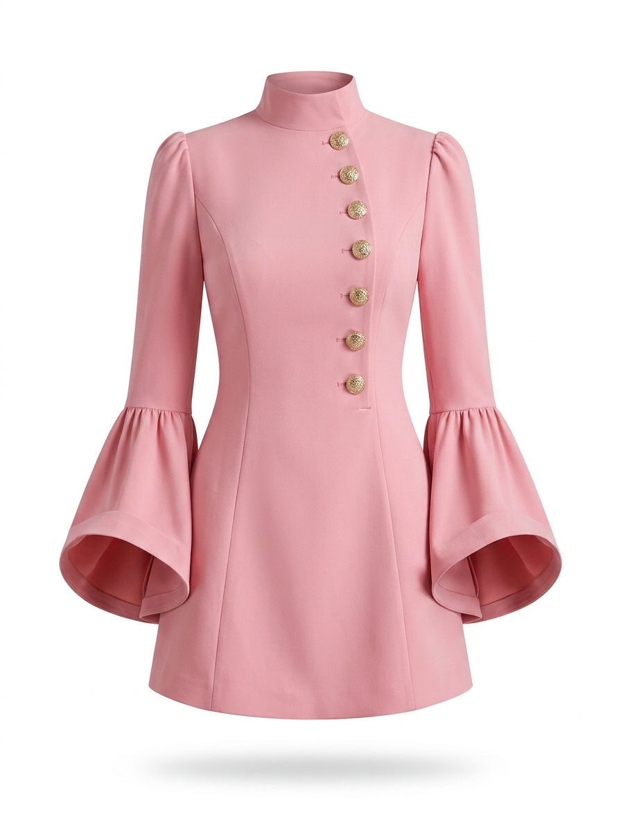 Robe courte à manches cloche et boutons sur le devant